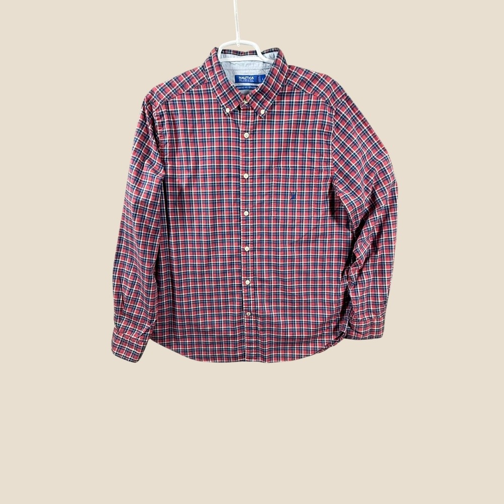 Nautica Blue Sail Mens Large Classic Fit Stretch Plaid Button Down Red Blue